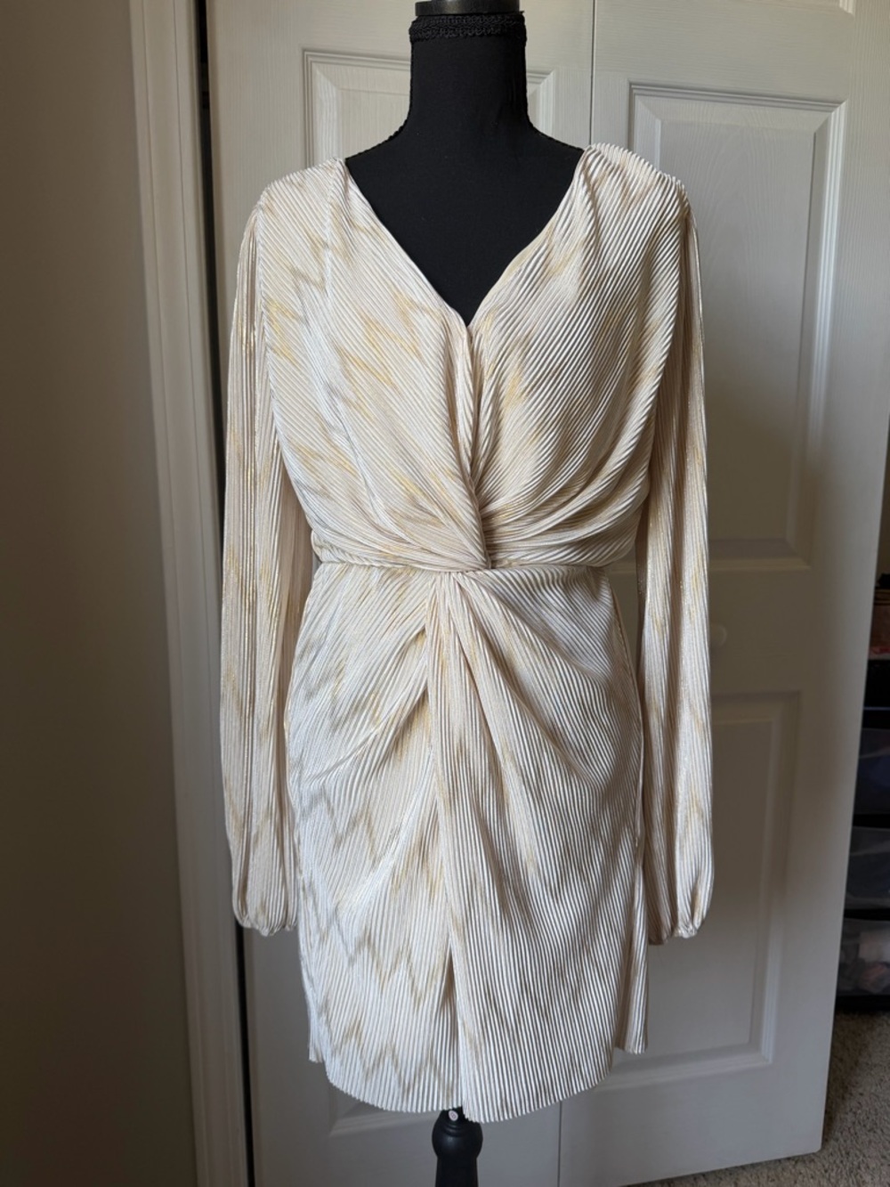 Vici Cream Pleated Twist-Front Long Sleeve Dress